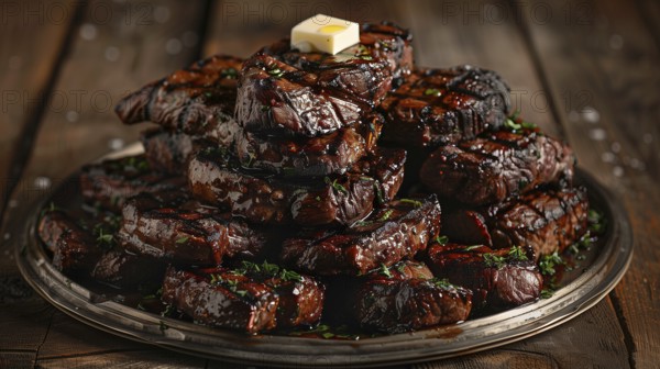 Plate with A stack of several grilled steaks with butter on top. generative AI, AI generated