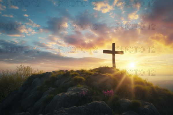 Easter concept cross on Golgotha Calvary hill against a dramatic sunset, AI generated
