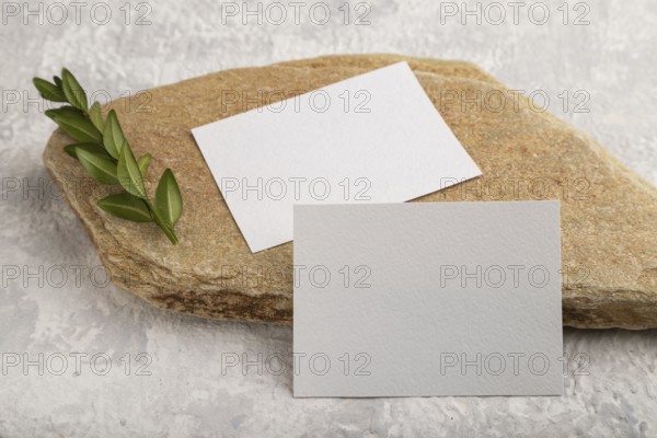 White paper business card, mockup with natural stone and boxwood branch on gray concrete background