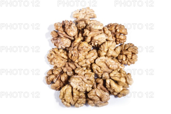 Pile of walnuts isolated on white background. Top view