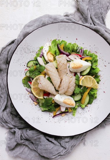 Salad of squid and vegetables, with egg, homemade, no people