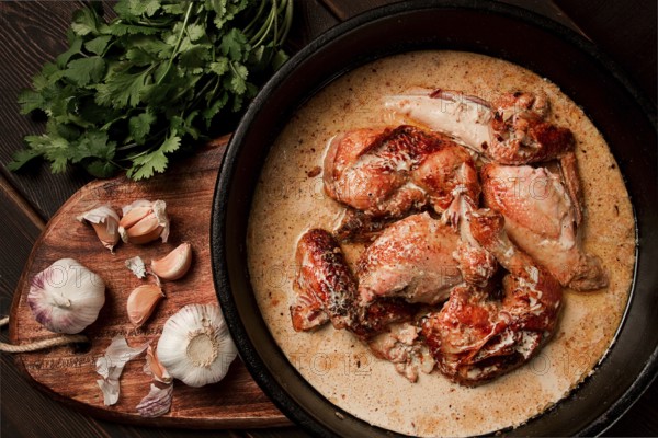 Shkmeruli, fried chicken, in milk-garlic sauce, Georgian cuisine, homemade, close-up, no people
