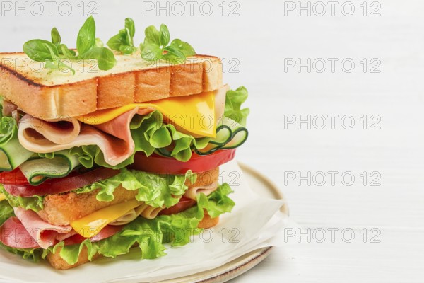 Club sandwich, on a white table, close-up, no people, horizontal, homemade