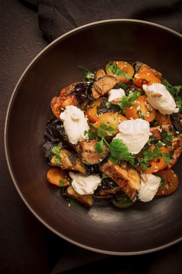 Warm Salad with crispy eggplant and tomatoes, cottage cheese, spices, herbs, sesame seeds,