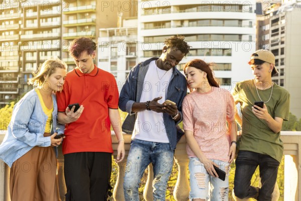 Young people using mobile phones, Millennial friends having fun with new technology trends, Tech