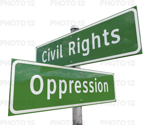Civil rights, oppression 2 way green road sign isolated on white