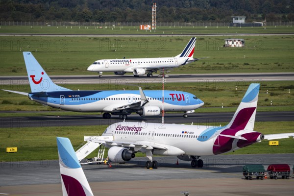 Düsseldorf Airport, TUIfly Boeing 737, Eurowings aircraft at the outer position, parking position,
