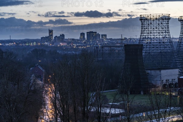 View of the skyline of Essen, city centre, seen from the Zeche Zollverein, skeleton of the cooling