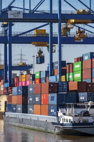 Container cargo ship in the harbour basin of the Logport, gantry cranes in the Container Handling