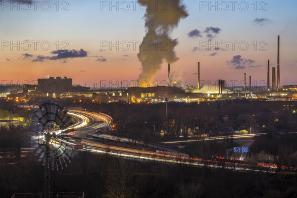 Skyline of the Duisburg steel site, Thyssenkrupp Steel Europe, in Duisburg-Bruckhausen, sunset,