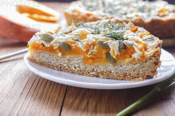 A piece of sweet pumpkin pie with cheese and dill on brown wooden background. close up
