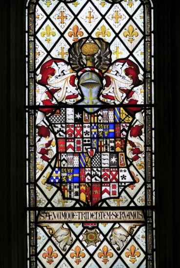 Heraldic stained glass window Church of Saint Mary, Coddenham, Suffolk, England, UK