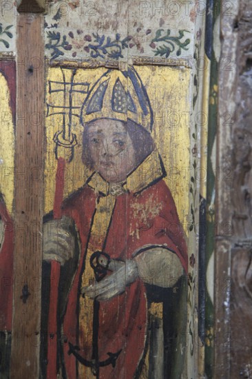 Saint Clement, medieval rood screen paintings, St Andrew church, Westhall, Suffolk, England, UK