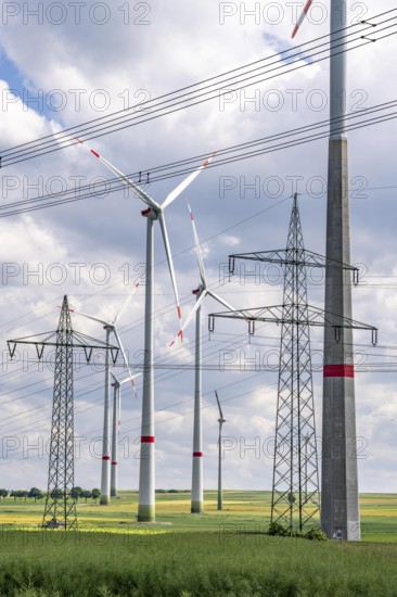 Wind farm north-east of Marsberg, Hochsauerlandkreis, high-voltage line, electricity pylons, North