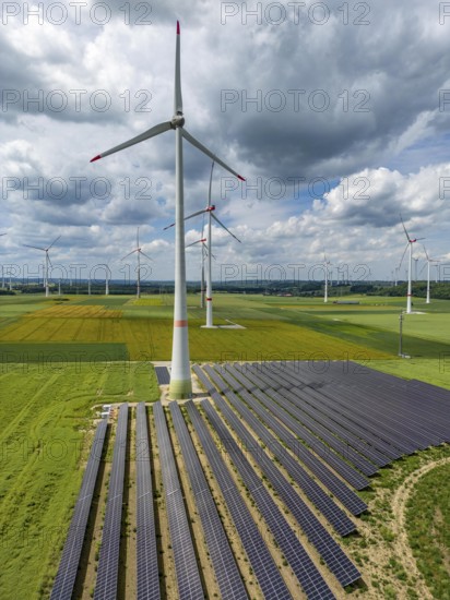 Wind farm near Marsberg, photovoltaic system, utilisation of land for renewable energies,