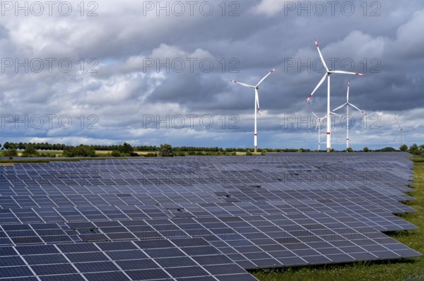 Solar park and wind farm near Morschheim, part of the municipality of Kirchheimbolanden,
