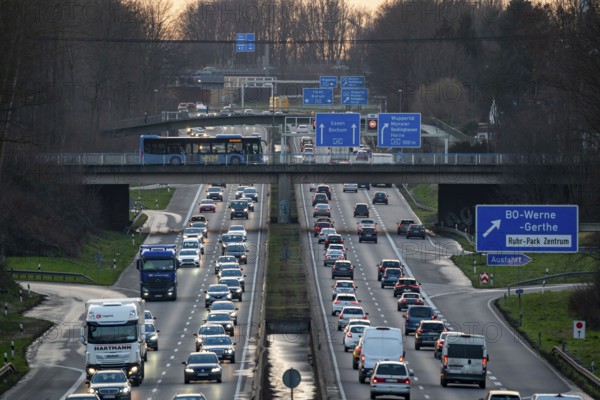 Motorway A40, Ruhrschnellweg, near Bochum, dense evening traffic, in front of the motorway junction