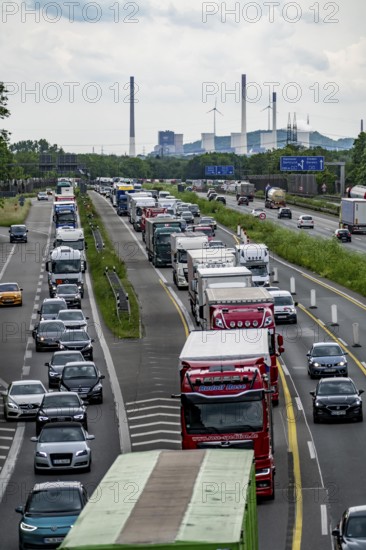 Traffic jam on the A2 motorway near Bottrop, behind the Bottrop motorway junction, in the direction