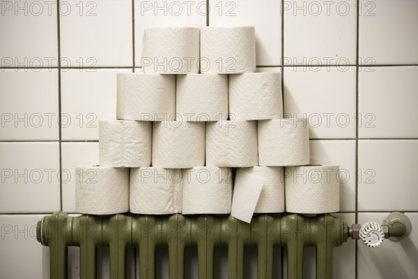 Toilet paper rolls stacked on a radiator in a public toilet