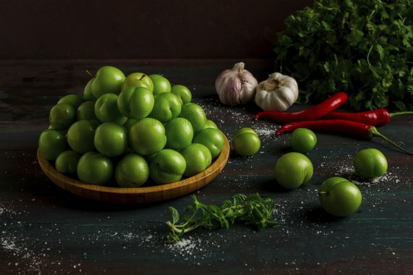 Tkemali, green cherry plum, with ingredients for sauce, cilantro, mint, hot pepper, garlic, on a