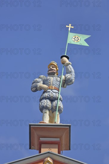 Roof figure with lance and city coat of arms, sculpture, man, warrior, historical, clothing, Middle
