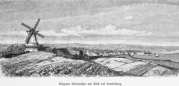 Dybbøl, Düppel Mill, view of Sonderburg, Flensburg Fjord, Jutland, windmill, fields, town,