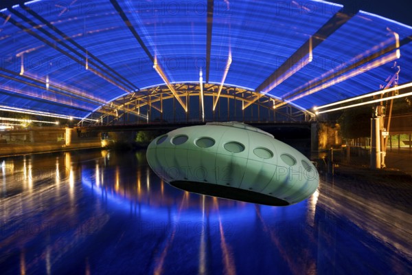 Weser bridge night with UFO Rinteln Germany, UFO from Lünen