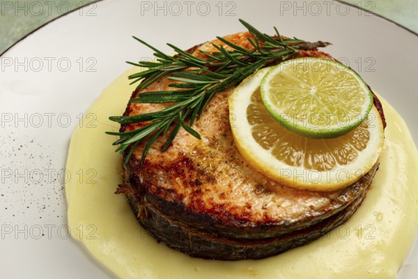 Salmon steak, fried, mashed potatoes, top view, rosemary, lemon and lime, homemade, one serving, no