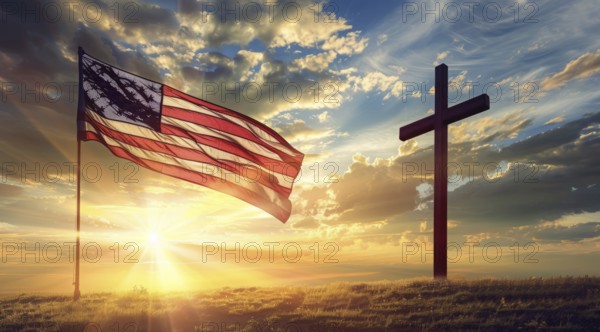 A cross is in the foreground of a sunset with an American flag in the background, AI generated