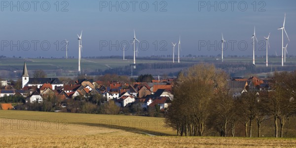 Sintfeld wind farm behind the village of Fürstenberg, Bad Wünnenberg, Paderborn plateau, North
