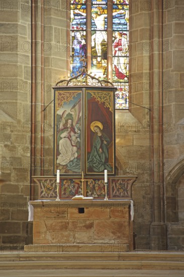 Altar with painting and stained glass window with crucifix Stained glass, arts and crafts,