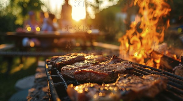 Barbecue BBQ family picnic party on the beach with skewers of meat and meat steaks over charcoal,