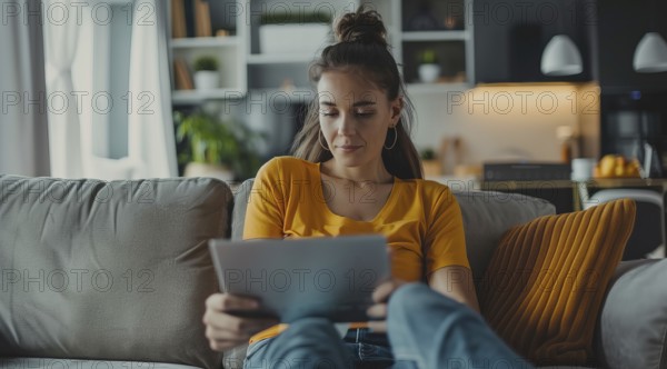 A woman at home with a laptop or tablet browsing internet, paying bills and shopping online, AI