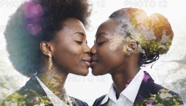 Two women are kissing each other.. Scene is romantic and intimate, AI generated