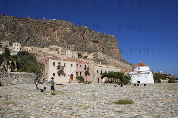 Square in the lower town of the Byzantine castle town of Monemvassia, Monemwassia, Monembasia,
