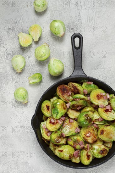 Roasted brussels sprouts, with bacon, vegetarian food, homemade, no people