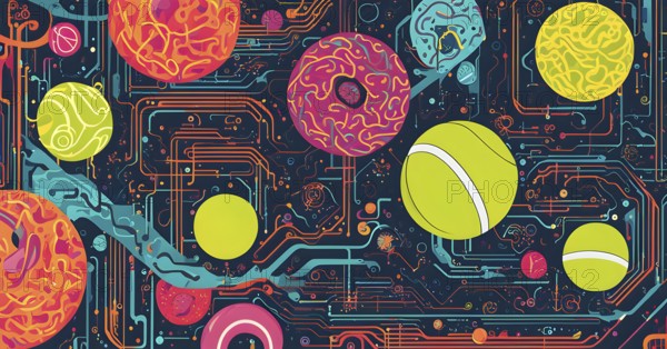 Vibrant mix of abstract circuitry intertwined with tennis balls, representing AI role in