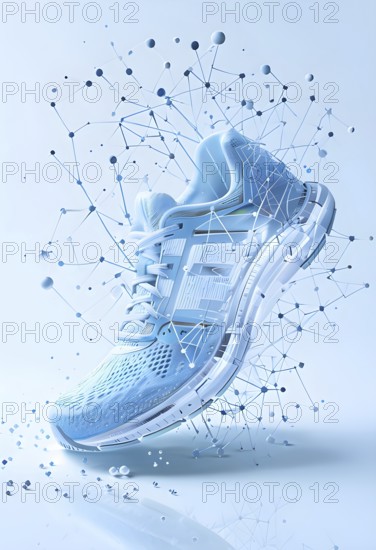 Running shoe, breaking into pixels and data points, morphing into a network of neural nodes, AI