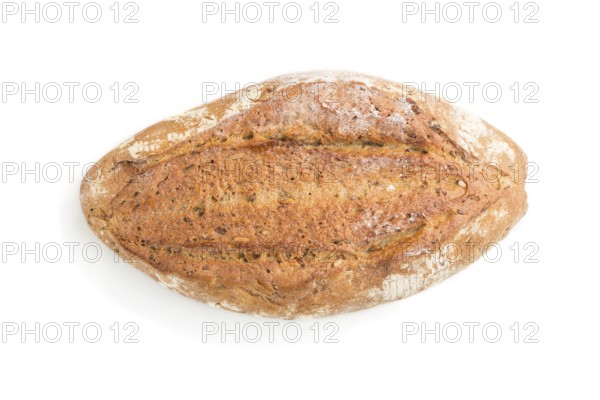 Fresh homemade golden bread with different seeds isolated on white background. top view, close up,