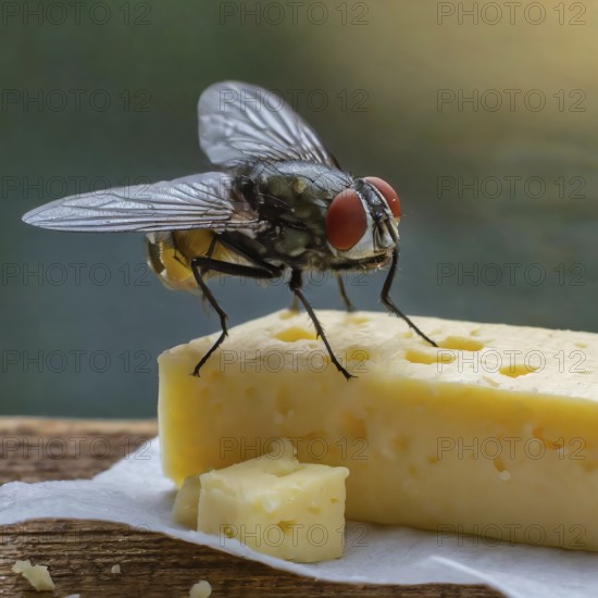 Symbol, animal, insect, close-up of a blowfly on a piece of cheese, Calliphoridae, Calliphora