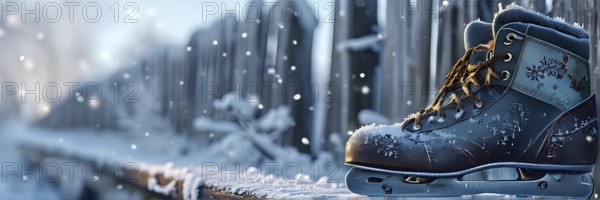 Pair of vintage ice skates hanging by their laces on an old wooden fence with frost and snow gently