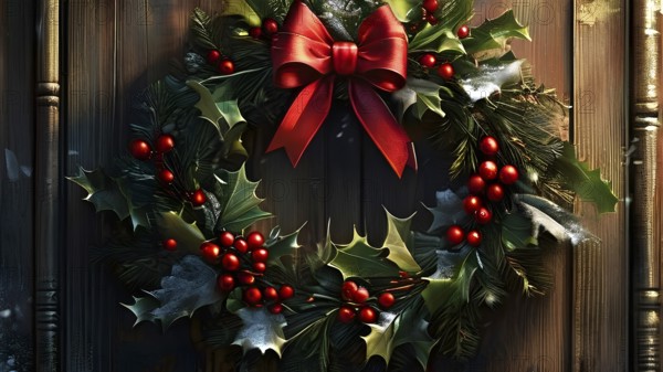 Classic holiday wreath with frosted holly leaves hanging on a rustic wooden door, AI generated