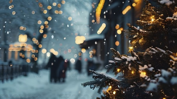 Christmas Eve with snowflakes fall under the light of a streetlamp with a decorated tree in the