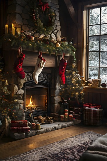 Traditional stone fireplace decorated for Christmas, with garlands, stockings, and candles, set in