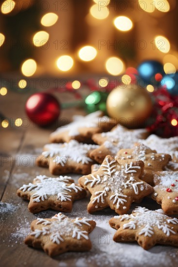 A detailed shot of Christmas cookies on a wooden table, featuring star-shaped cookies with colorful