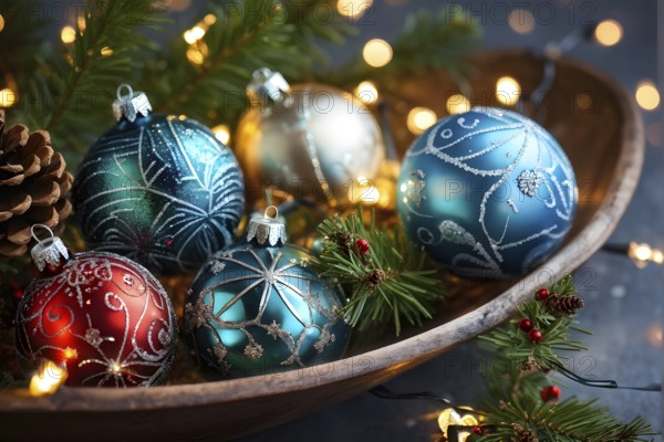 Christmas tree ornaments in a bowl, featuring a mix of glass baubles, pine cones, and fairy lights,