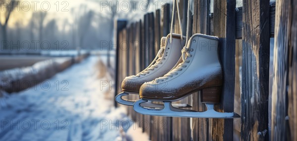 Pair of vintage ice skates hanging by their laces on an old wooden fence with frost and snow gently