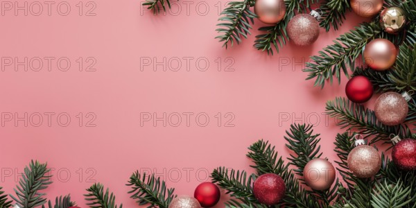 Christmas flatlay with red and pink colored tree baubles with white fir branches on pastel