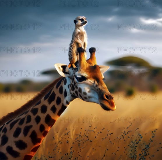 A meerkat sits on the head of a giraffe in the African savannah and thus has a wide view, AI