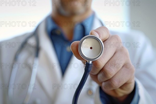Close up of statoscope held my male doctor. KI generiert, generiert, AI generated